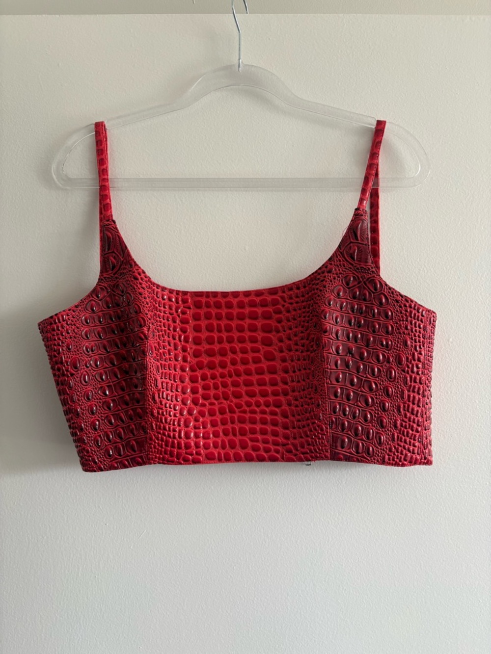 Croc-Embossed Red Square Neck Crop Top